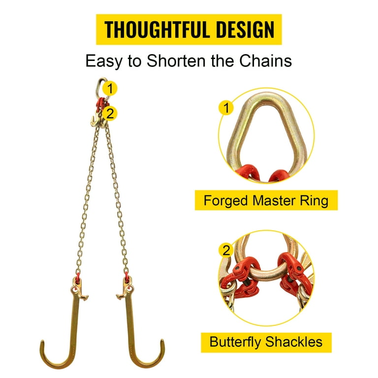 VEVOR Tow Chain Bridle with 15in J Hooks, V Bridle Chain 3/8in x 2ft Grade  80 with Mini J and Crab Hooks, Heavy Duty J Hook Chain 9260lbs Break