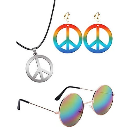 Sunshane Hippie Dressing Accessory Set Hippie Glasses Hippie Style Peace Sign Necklace and Earrings (Rainbow)