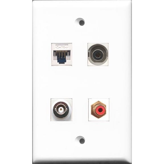 RiteAV - 1 Port RCA Red and 1 Port 3.5mm and 1 Port BNC and 1 Port Cat5e Ethernet White Wall Plate