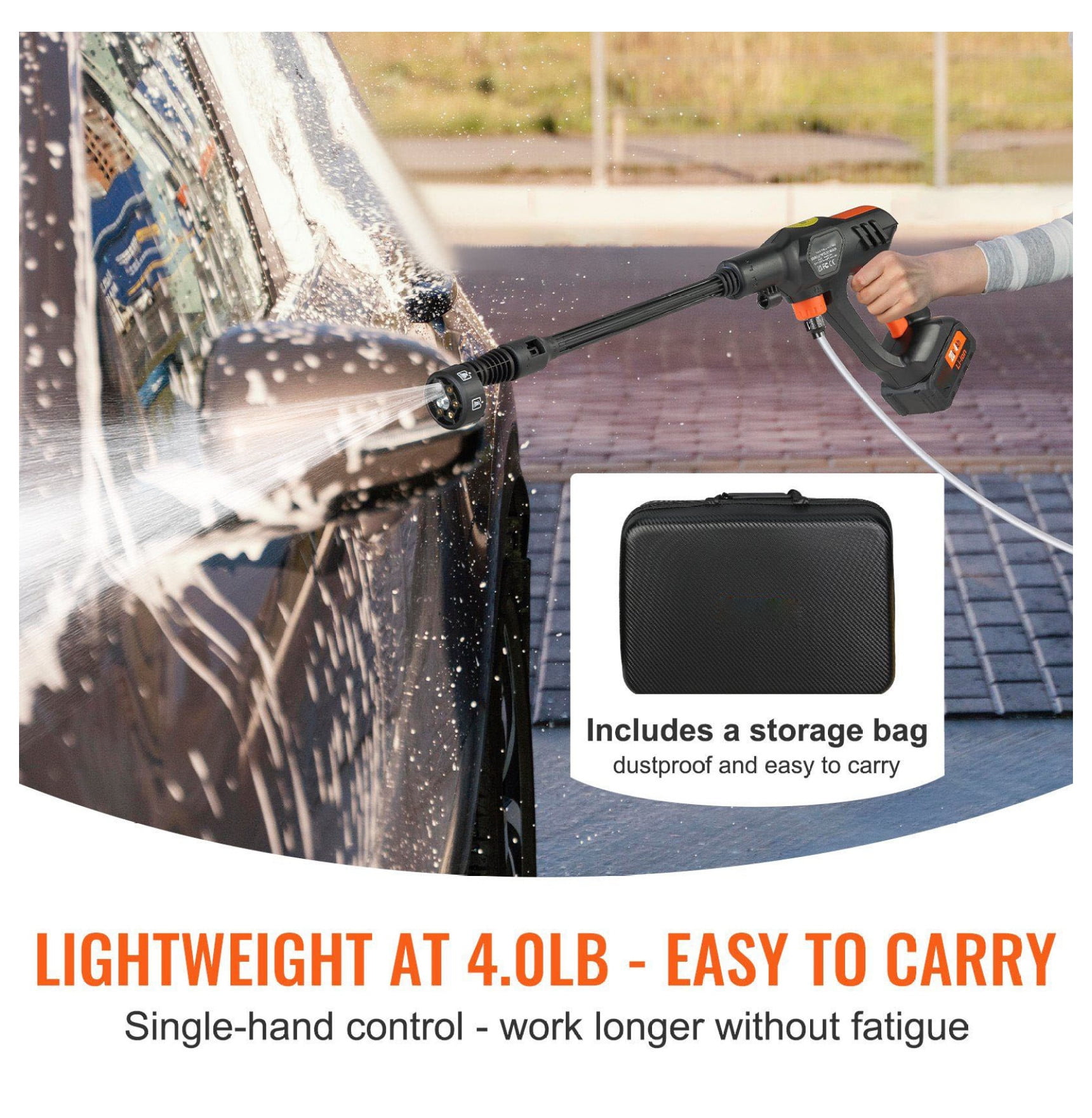 Cordless Pressure Washer 652 PSI 1.1 GPM Portable Power Cleaner, Handheld Car Wash Gun with 4.0Ah Battery, 6-in-1 Nozzle, for Auto, Patio, Floor Cleaning