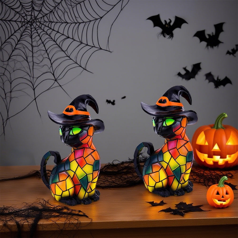 Halloween Theme Cat Lantern - Stained Resin Pumpkin Cat Night Light, 3D Cat Wear Witch Hat Bedside Lamp