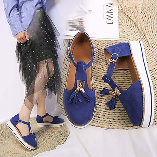 Zapatos de plataforma en forma de T hueca Baotou con borlas de verano, sandalias con hebilla de gamuza Wmkox8yii shjk4873