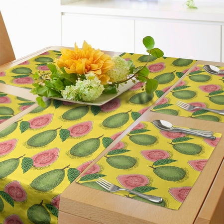 

Tropical Table Runner & Placemats Ripe Guava Fruits with Fresh Leaves Hand Drawn Agriculture Produce Set for Dining Table Decor Placemat 4 pcs + Runner 14 x72 Yellow Green by Ambesonne