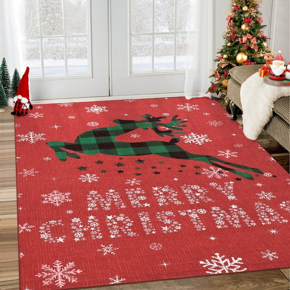 Christmas Area Rug with Snow Reindeer Runner Rugs Stain Resistant Soft Low Pile Machine-washable Rug for Home Decor Indoor Non Slip Carpet for Living Room、Entrance Door、Bedroom、Dormitory