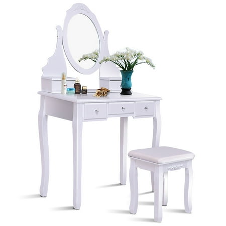 Gymax Bathroom Wooden Mirrored Makeup Vanity Set Stool Table Gymax Bathroom Wooden Mirrored Makeup Vanity Set Stool Table White 5 Drawers