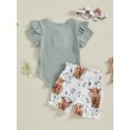 thumbnail image 6 of BemeyourBBs Newborn Baby Girl Summer Outfits Cute Infant Baby Girl Clothes Solid Color Ribbed Knit Short Sleeve Romper Front Bow Floral Cow Print Shorts Set Headband 3Pcs, 6 of 9