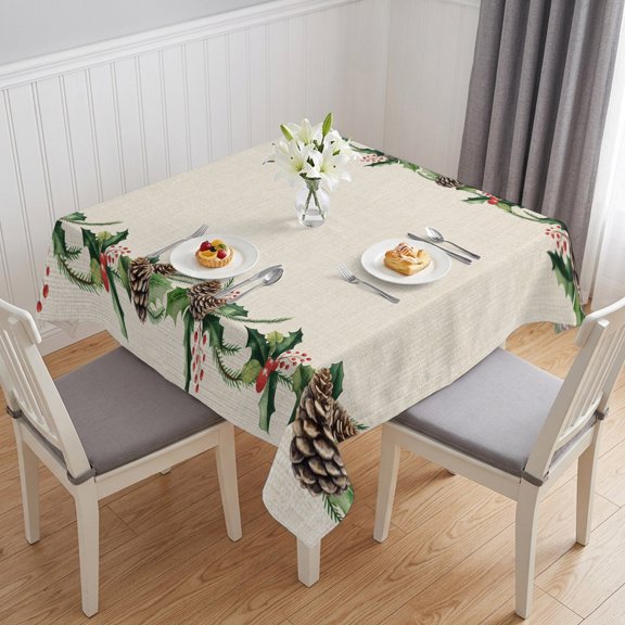 Green Pine Cone Table Cloth Waterproof Tablecloths, Christmas Winter Plants Retro Beige Tablecloth Dining Table Cover for Kitchen Party Tabletop Outdoor, Square Tablecloth 60x60 Inch