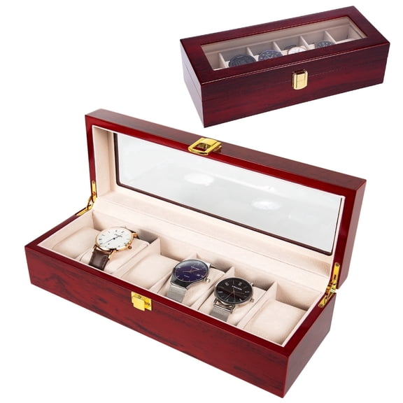 Uten Watch Box Case Organizer Display for Men, 6 Slot Wood Watch Box with Glass Top