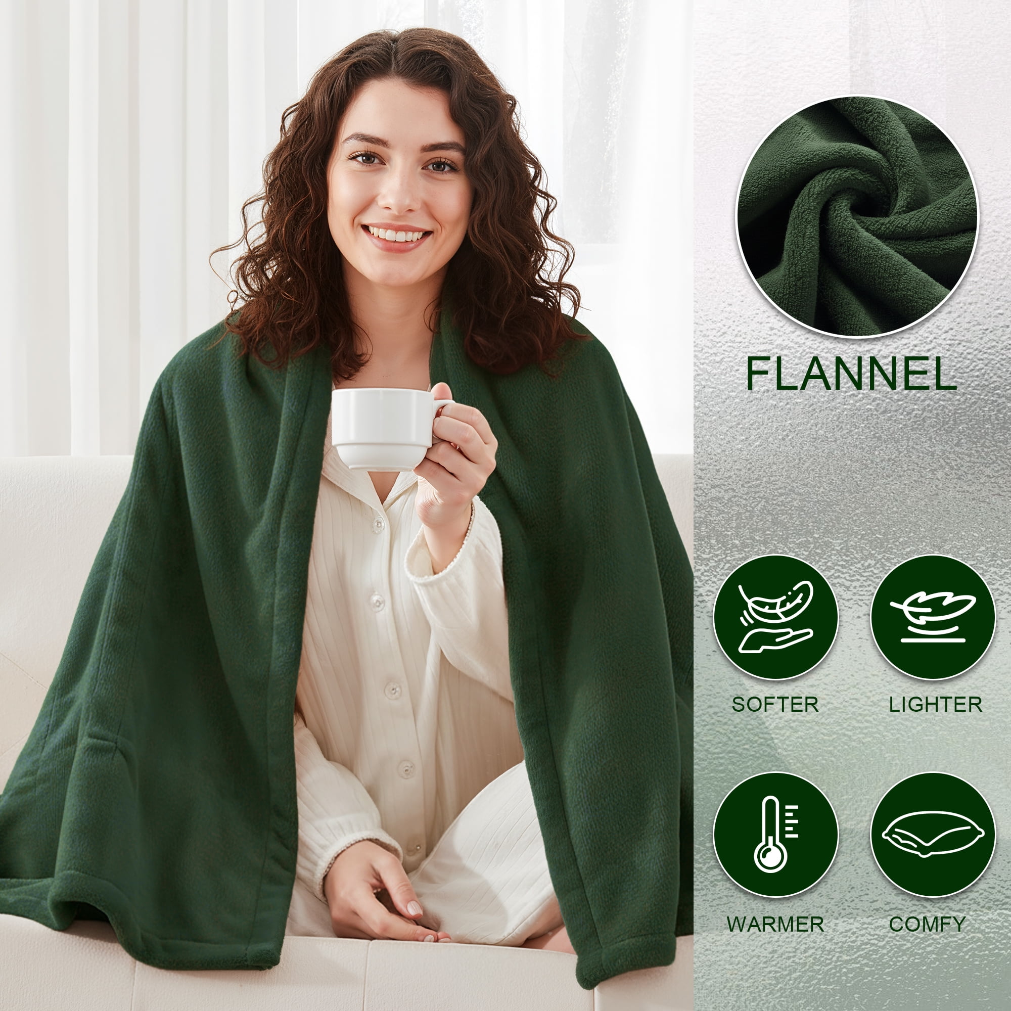 Rebelduck Flannel Sherpa Heated Blanket, 5 Heat Settings & 3H Auto Shut Off, Soft Electric Throw Blanket for Home Office, 50x60 Inches, Green