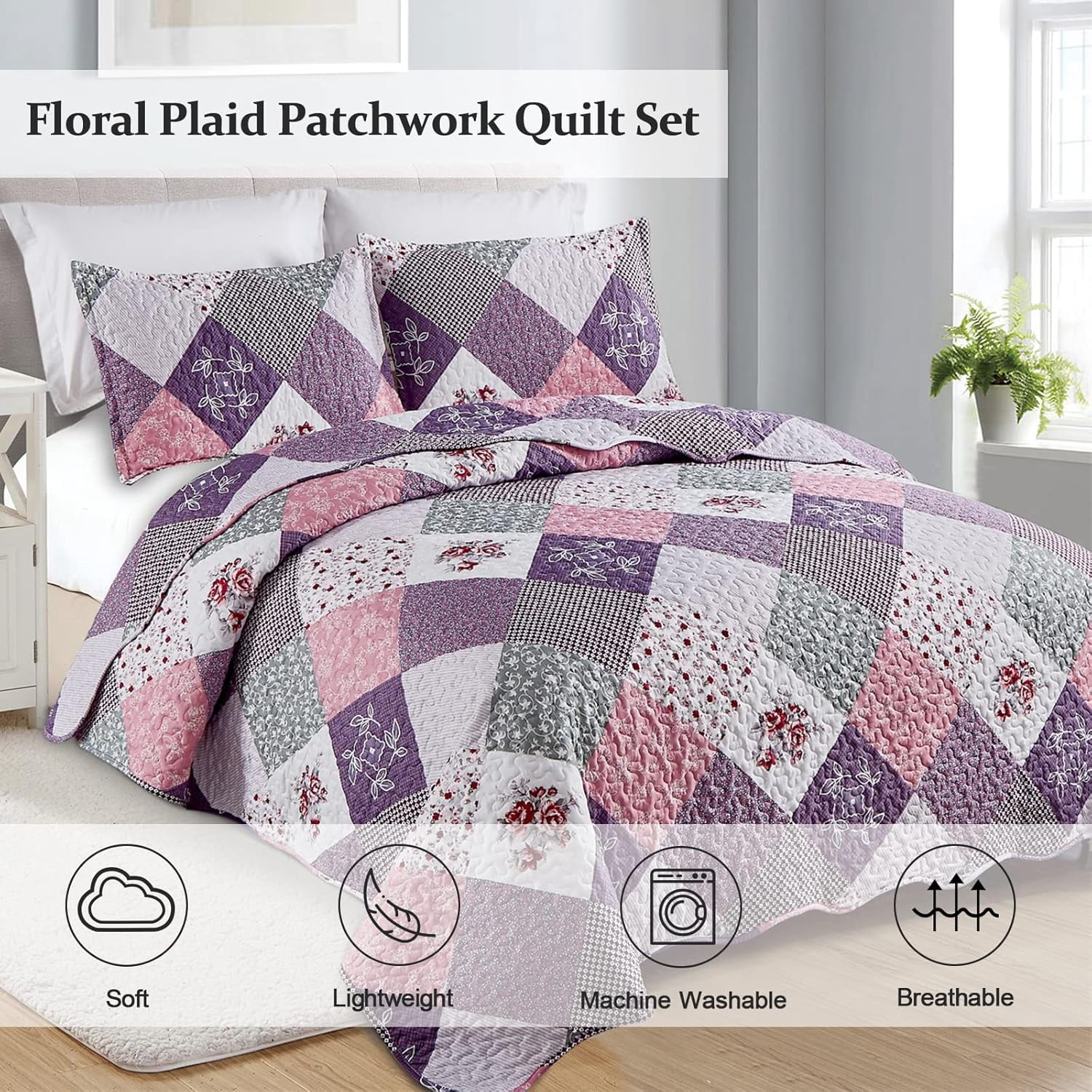 Purple Floral Plaid Quilt Set King Size Patchwork Pattern Bedding Set Bedspread Coverlet (104"x 90")