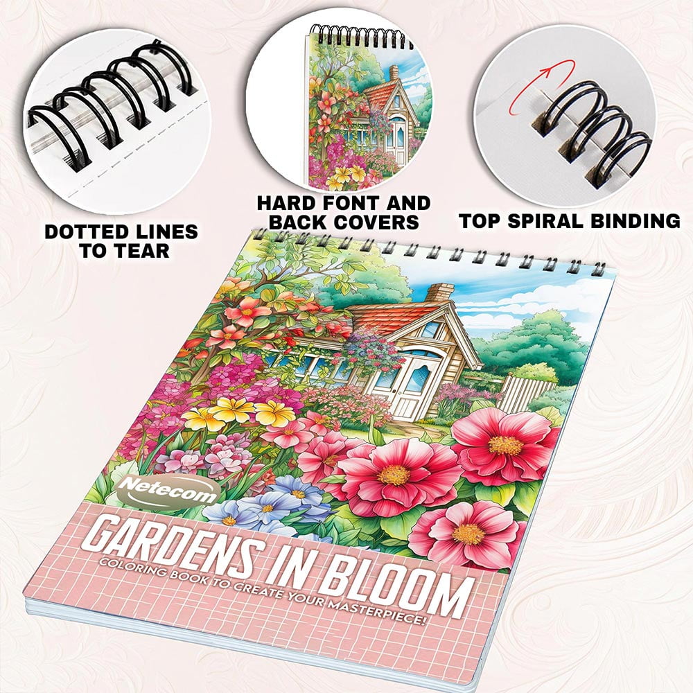 Netecom Gardens in Bloom Coloring Book for Adults, Spiral Bound, Soft Cover