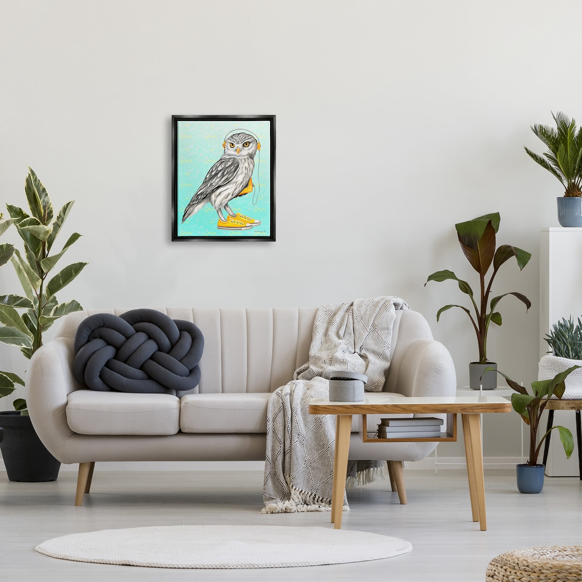 Stupell Industries Owl Wearing Yellow Sneakers Headphones Retro Pattern Graphic Art Jet Black Floating Framed Canvas Print Wall Art, Design by Amelie Legault