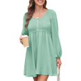 thumbnail image 2 of Vestido Corto Informal de Mujer con Cuello Redondo Fruncido, Botones, Larga y Cintura Entallada Verde S, 2 of 9