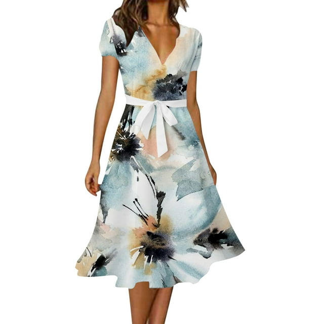 MAWCLOS Robe Midi Longue pour Femme à Imprimé Floral, Robes de Fête pour les Vacances, Col en V, Robe d'Été de Plage Décontractée à Manches Courtes, Bleu Pâle, S