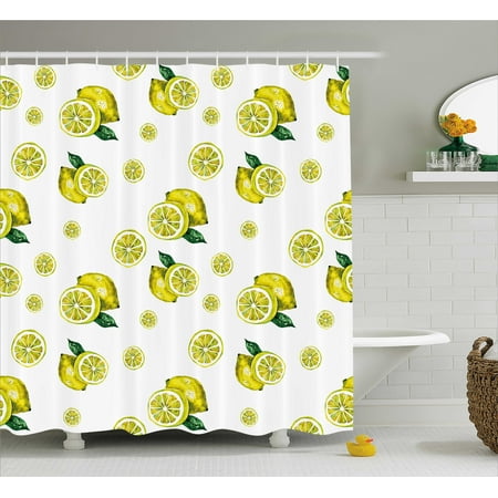 - Modern Shower Curtain, Lemon Figures with Slices and Leaves Summer Season Fresh Fruit Watercolor, Fabric Bathroom Set with Hooks, 69W X 75L Inches Long, Yellow Hunter Green, by Ambesonne