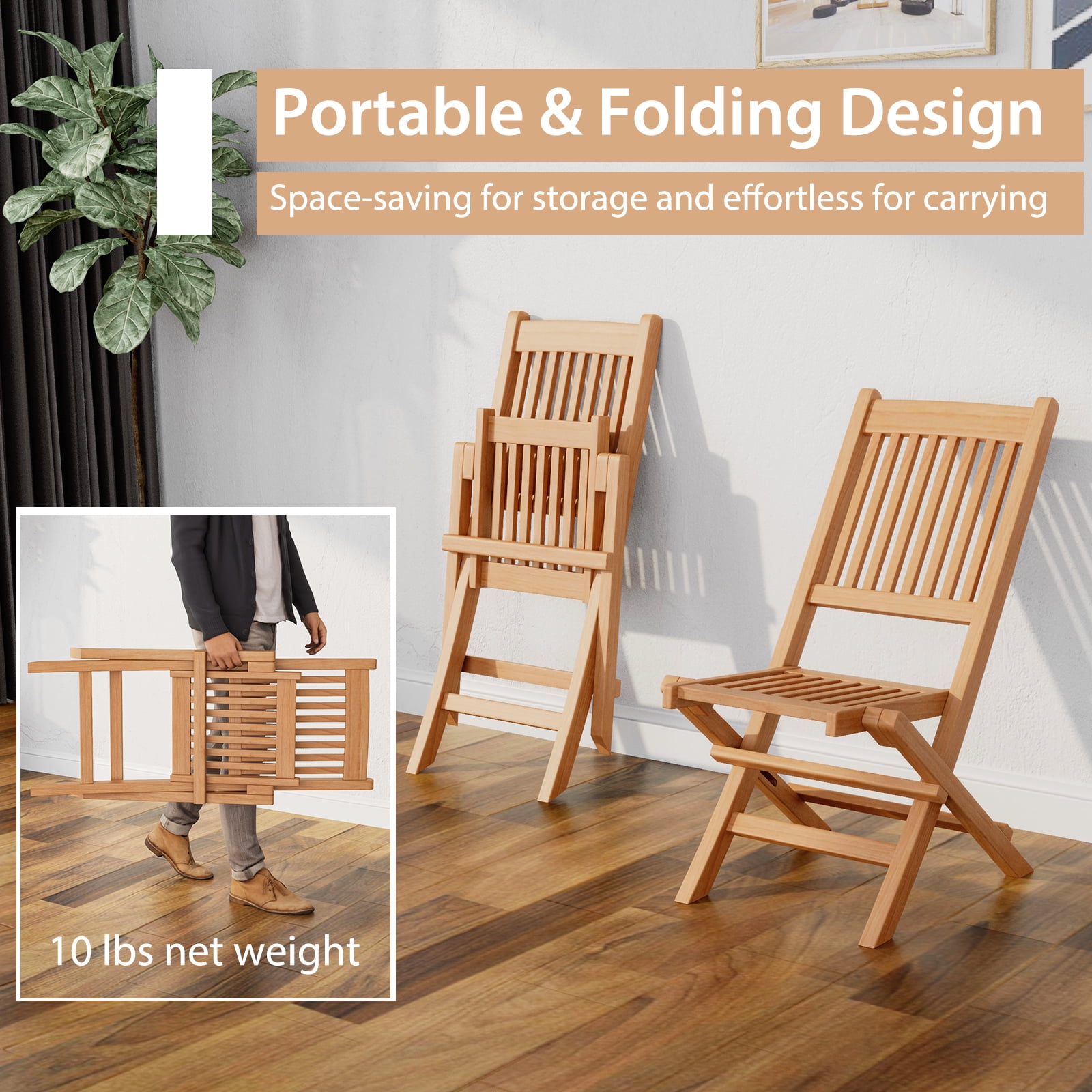 Costway 2PCS Patio Folding Chair Indonesia Teak Wood Slatted Seat Natural Portable Outdoor