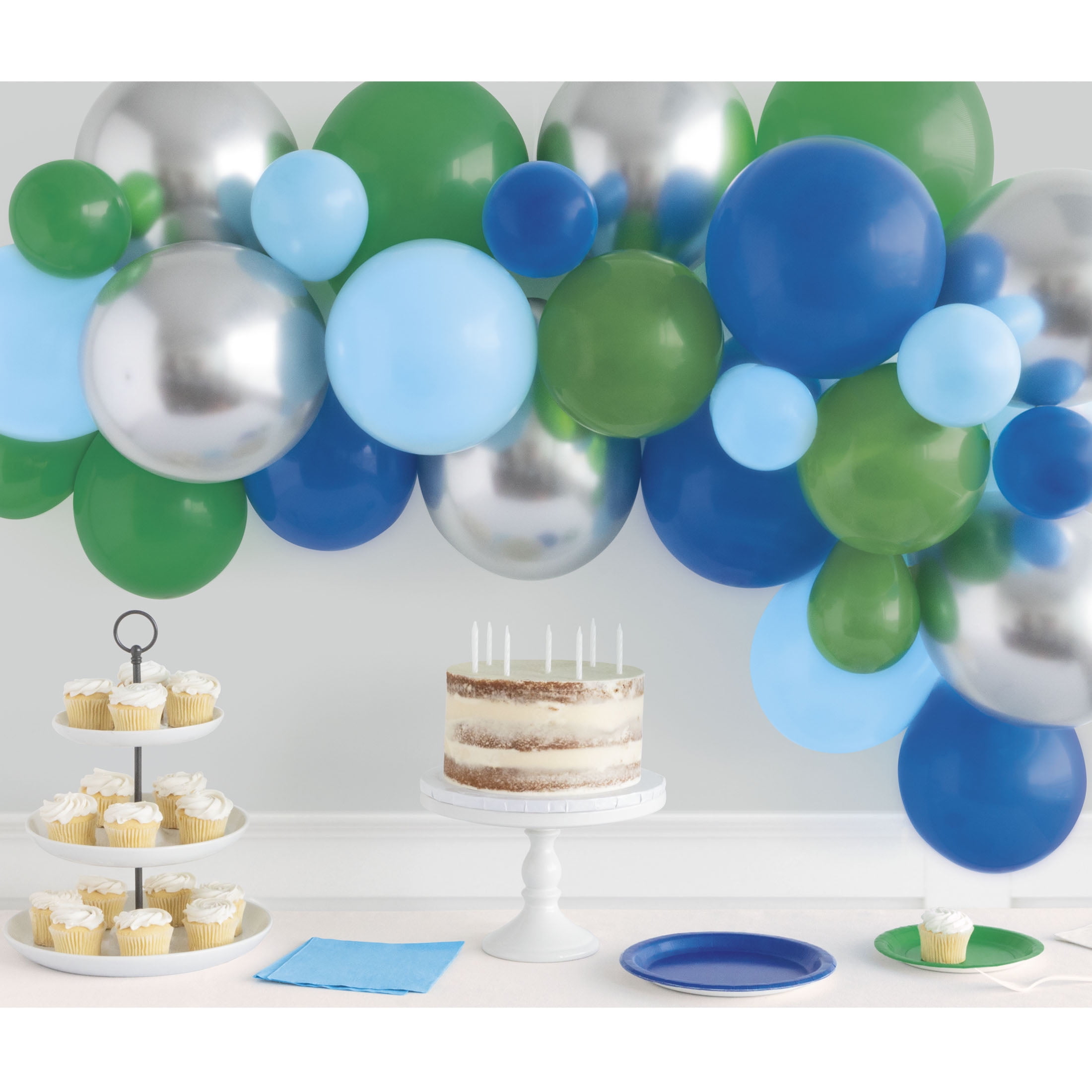 Way to Celebrate! Latex Birthday Balloon Arch Kit, Blue, Green, & Silver, 26pcs