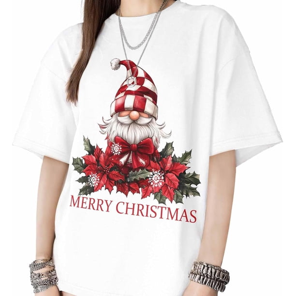 Camisetas para mujer, Feliz Navidad, Papá Noel, gnomo, manga corta, camisetas holgadas, camisetas casuales de algodón