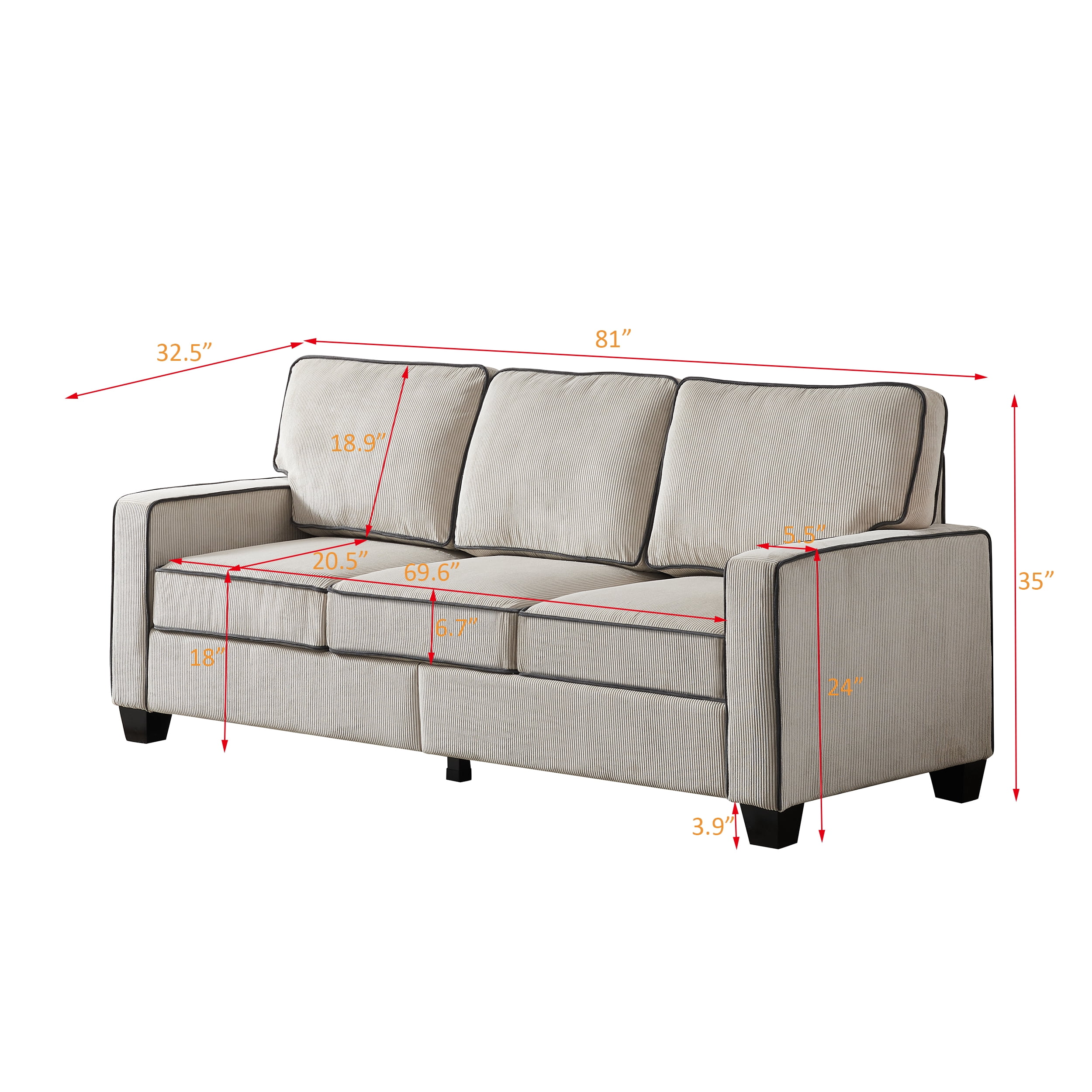 DEALTOPS Modern Sectional Sofa Corduroy Upholstered Sleeper Sofa Couch 3 Seater Sofa Chair for Living Room - Beige