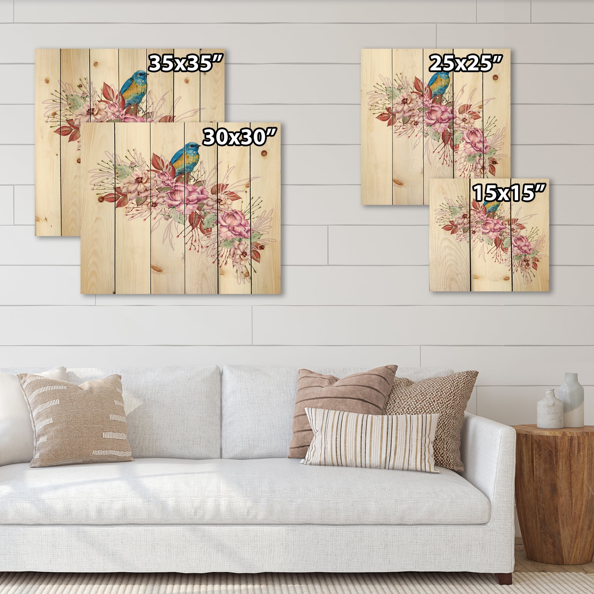 Designart 'Little Blue Bird Sitting On Colorful Boquet of Flowers' Traditional Print on Natural Pine Wood