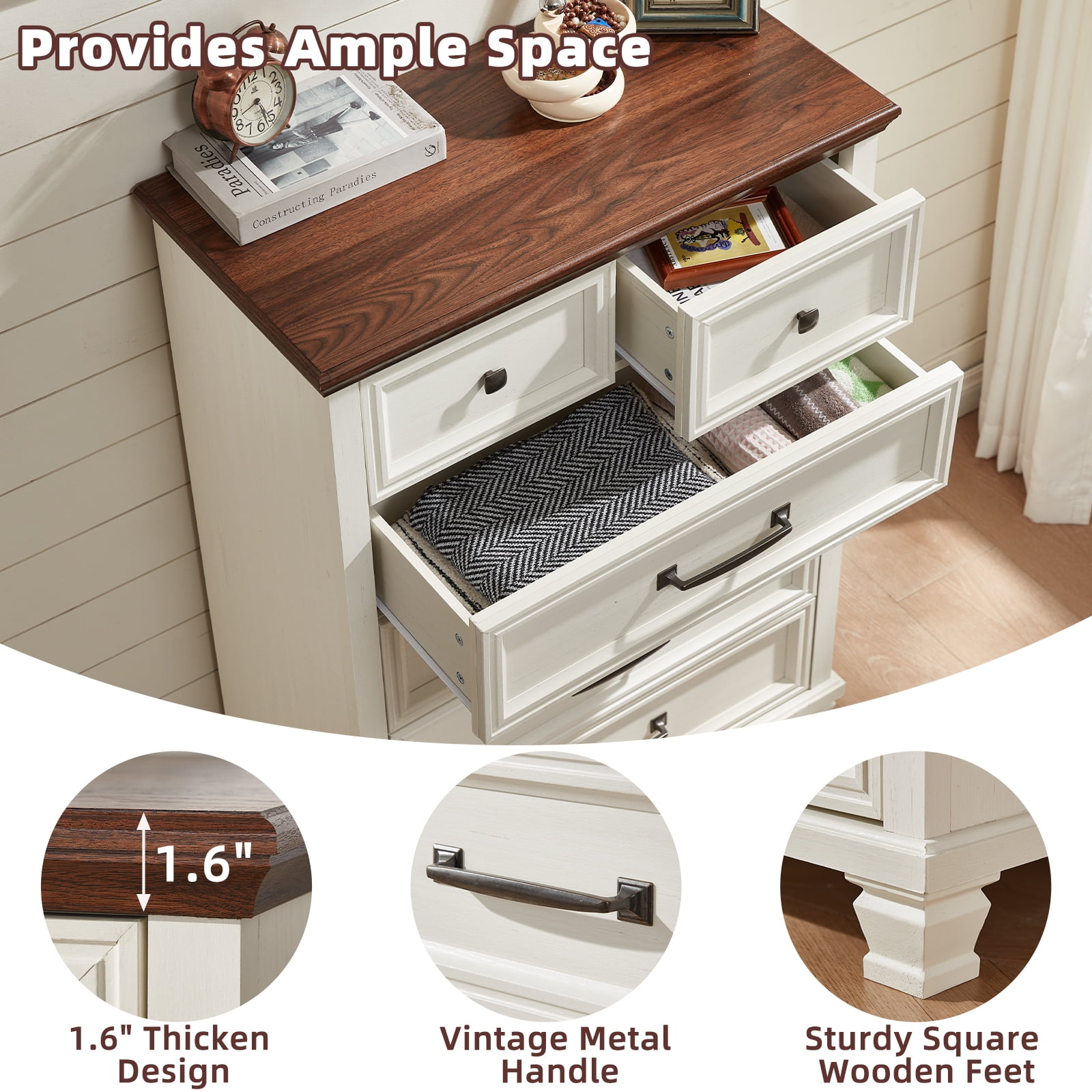 LELELINKY 6 Drawer White Dresser, Wood Storage Cabinet with Easy Pull Out Handles for Living Room,Chest of Drawers for Bedroom