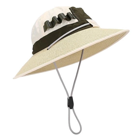 Summer Sun Hat for Men Women Wide Brim Quick Dry Straw Spliced Bucket Hat Breathable Outdoor Fishing Hiking Safari Cap Adjustable Chin Strap for Adults Everyday Casual Apparel Accessories Gear Set