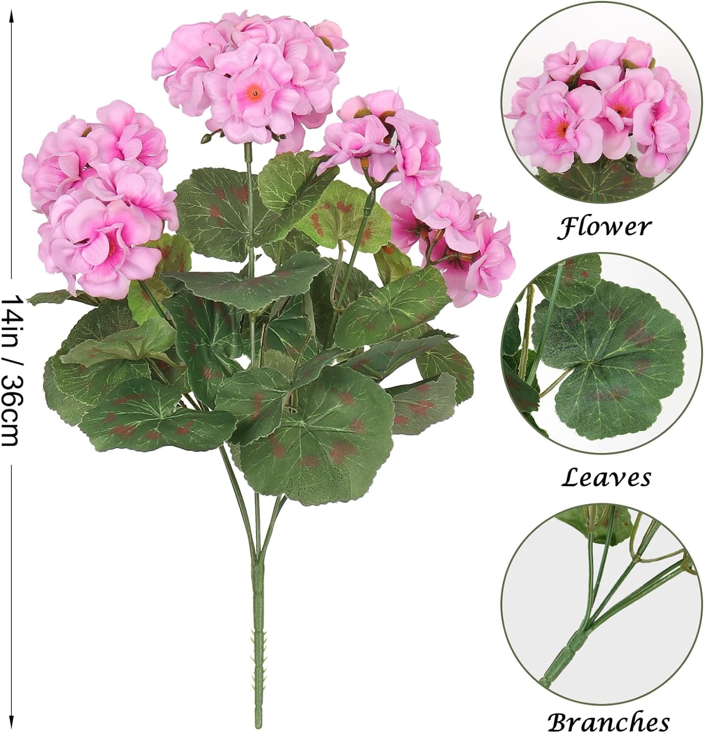 6 Pcs 14'' Artificial Geranium Silk Flower Outdoor UV Resistant Garden Plants Bush Faux Flowers for Home Wedding Kitchen Table Centerpieces Decor(Purple Pink)