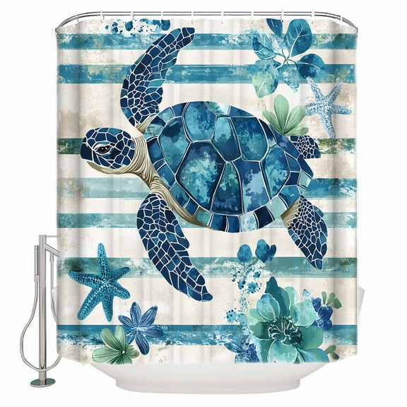 Blue Sea Turtle Shower Curtain, 48" x 72", Blue Floral Starfish Retro Striped Waterproof Bathroom Curtain Washable Shower Curtain Set with 12 Hooks