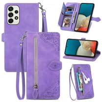 Dteck Case for Samsung Galaxy A53 5G,Magnetic Leather Card Holder Zipper Wallet Case Shockproof Rubber Kickstand Cover with Wrist Strap,Purple
