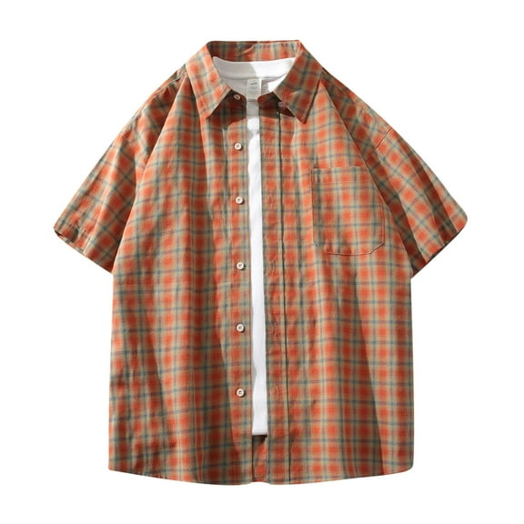 ALLLIST with Pockets Shirts for Men Short Sleeve Collared Button Down Shirts Casual Red Plaid Clothes for Men
