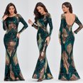 thumbnail image 3 of Vestido de noche elegante de primavera y otoño elástico de talla grande con cintura alta, manga larga, cuello redondo, sin espalda y con lentejuelas y cola de pez para mujer, 3 of 6