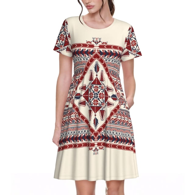 Vsdgher Mode Tatreez pour Femmes Été 2025 Décontracté Robes Midi Maxi Légères Manches Courtes Col Rond Robe de Plage