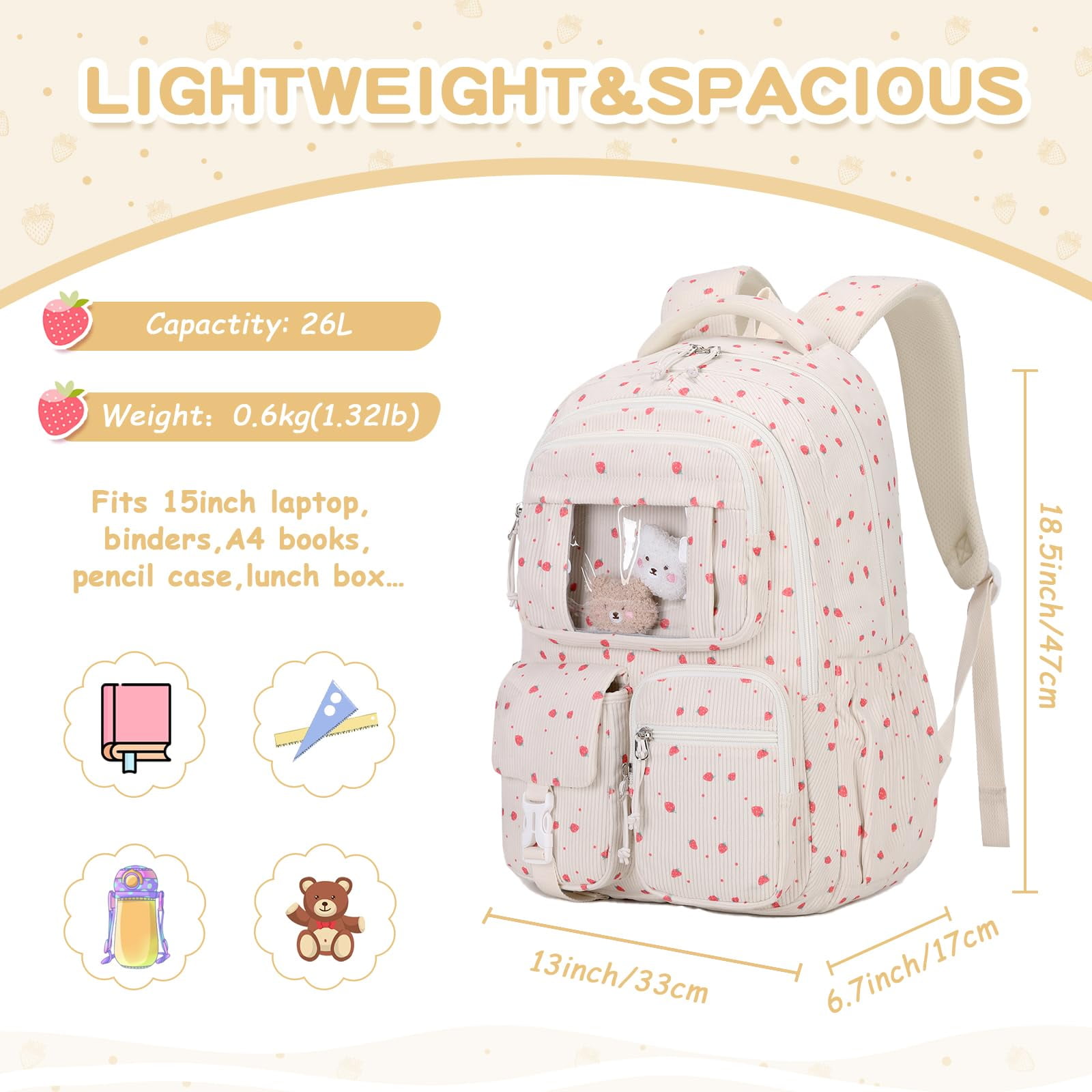 Soda Candy Corduroy School Backpack Cute Bookbag for Middle School Students Book Bag Kawaii Ita Backpacks with Reinforced Thick Strap, Biege Strawberry