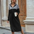 thumbnail image 4 of Fall Dresses for Women Color Block Long Sleeve Zipper Stand Collar Midi Dress Tie Waist Side Slit Casual Dress, 4 of 5