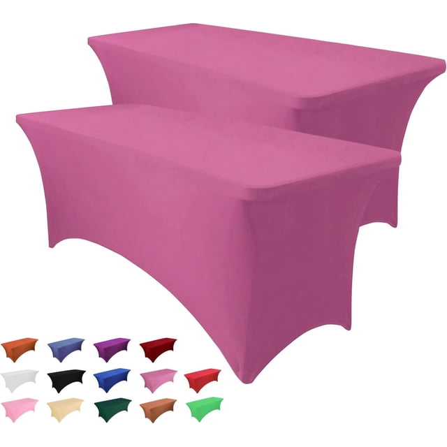 2 Pack 8FT Table Cloth for Rectangle Table Hot Pink Tablecloth Rectangular Fitted Stretch Spandex Table Covers 8 ft for Birthday, Cocktail, Wedding, Banquet Spring Summer Outdoor Party