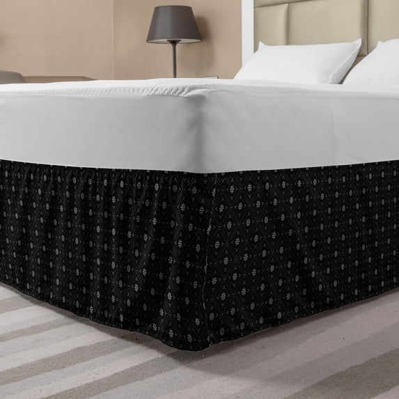 Floral Bed Skirt, Continuous Antique Motif Rhombus Design Flowers Illustration Pattern, Elastic Bedskirt Dust Ruffle Wrap Around for Bedding Decor, 4 Sizes, Charcoal Grey and Dimgray, by Ambesonne