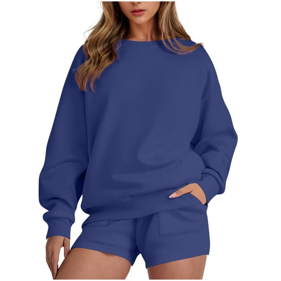 Sweatsuits Shorts Sets Womens Fall Outfits Oversized Crewneck Sweatshirt and Shorts Tracksuit Lounge Sportswear (XL, Navy)