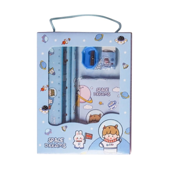 Space Dreams Themed Stationery Gift Set 丨 Plastic Paper Mixed Stationery Kit Including 2 Pencils Pencil Sharpener Eraser Ruler Notepad for Gift Giving