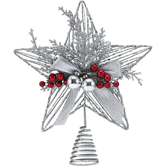 Ornativity Silver Star Tree Topper - Christmas Glitter Silver Star Holiday Tree Top Decoration with Silver Bells and Mistletoe and Red Berries