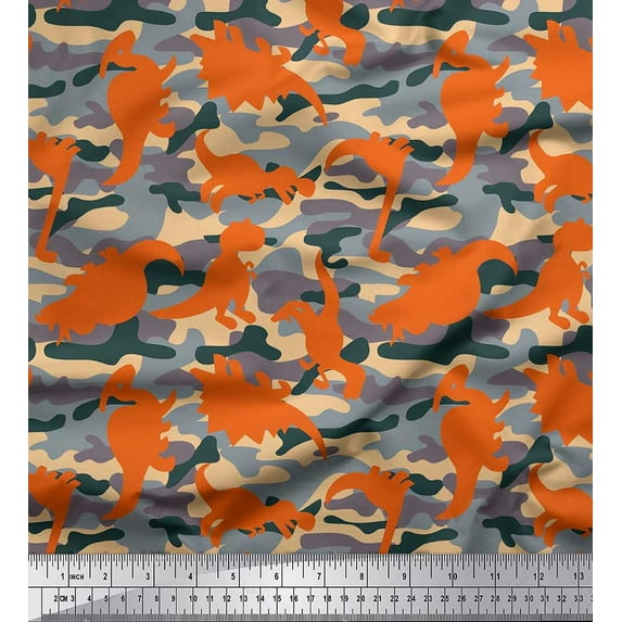 Soimoi Silk Fabric Camouflage Texture & Dinosaur Animal Print Sewing Fabric Yard 42 Inch Wide