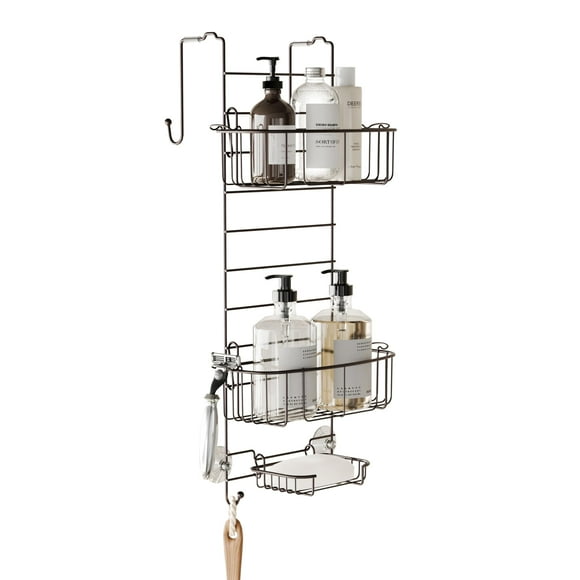 Zenna Home Caddy de Douche Suspendu sur la Porte de Douche, Étagère en Acier Inoxydable avec 2 Étagères et Crochets Intégrés, Organisateur de Salle de Bain pour l'Intérieur de la Douche, Bronze Héritage