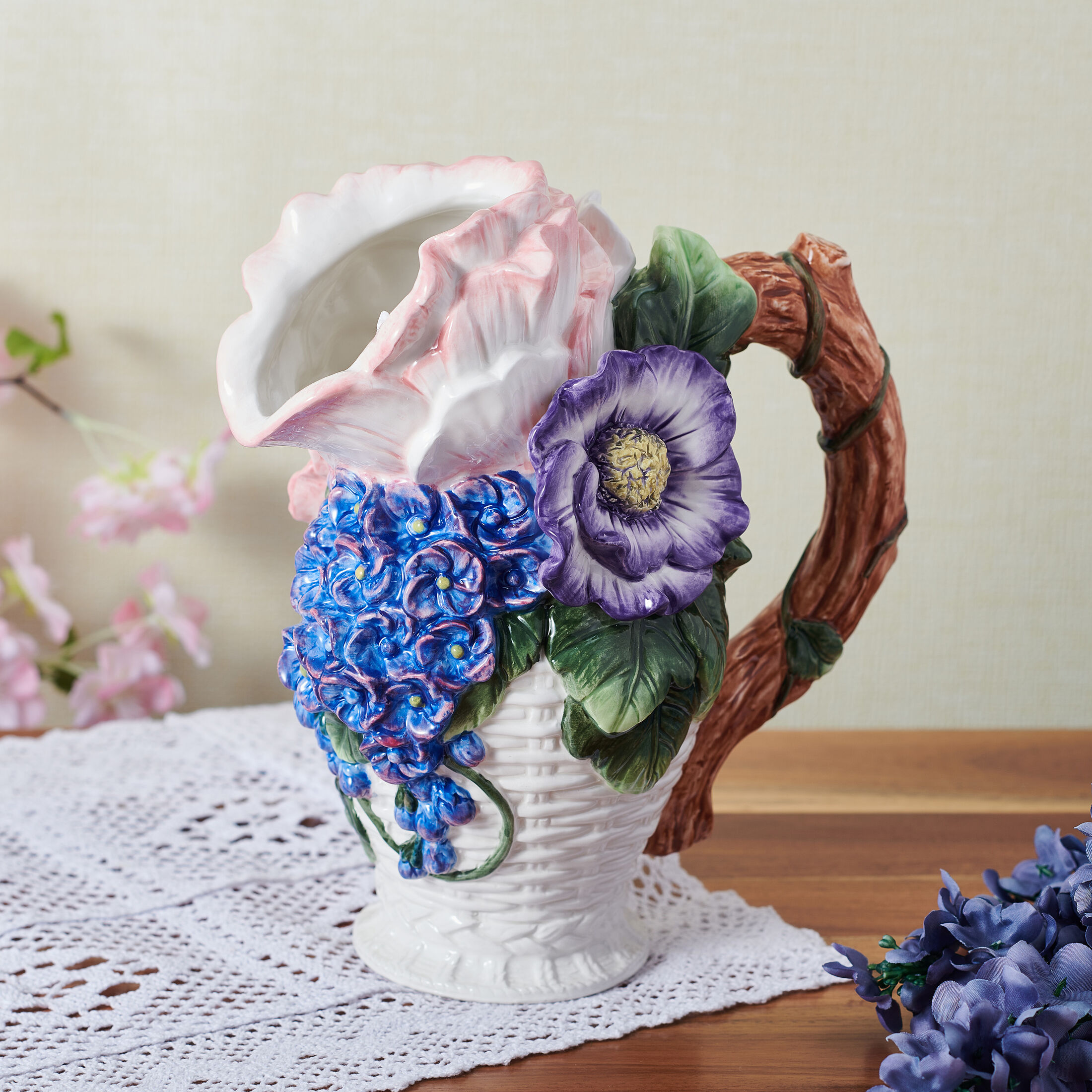 Fitz and Floyd Jardin Bouquet Flower 9 1/2 in Pitcher
