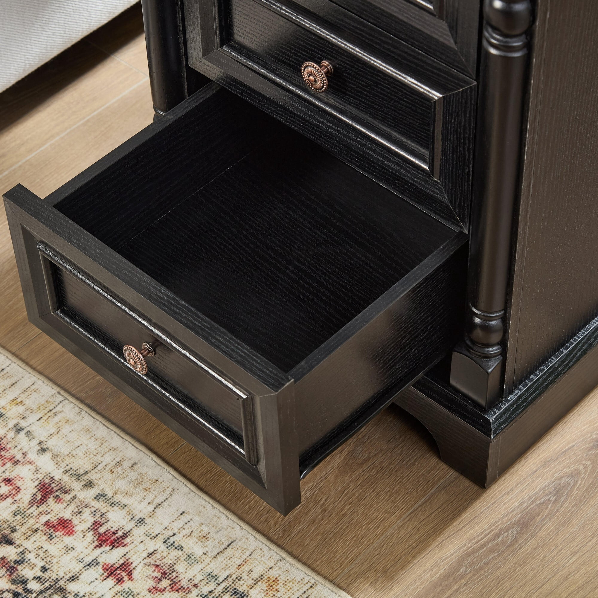 AENKYO Farmhouse 3-Drawer Nightstand with Charging Station, Rustic Wooden End Table for Bedroom & Living Room, Black