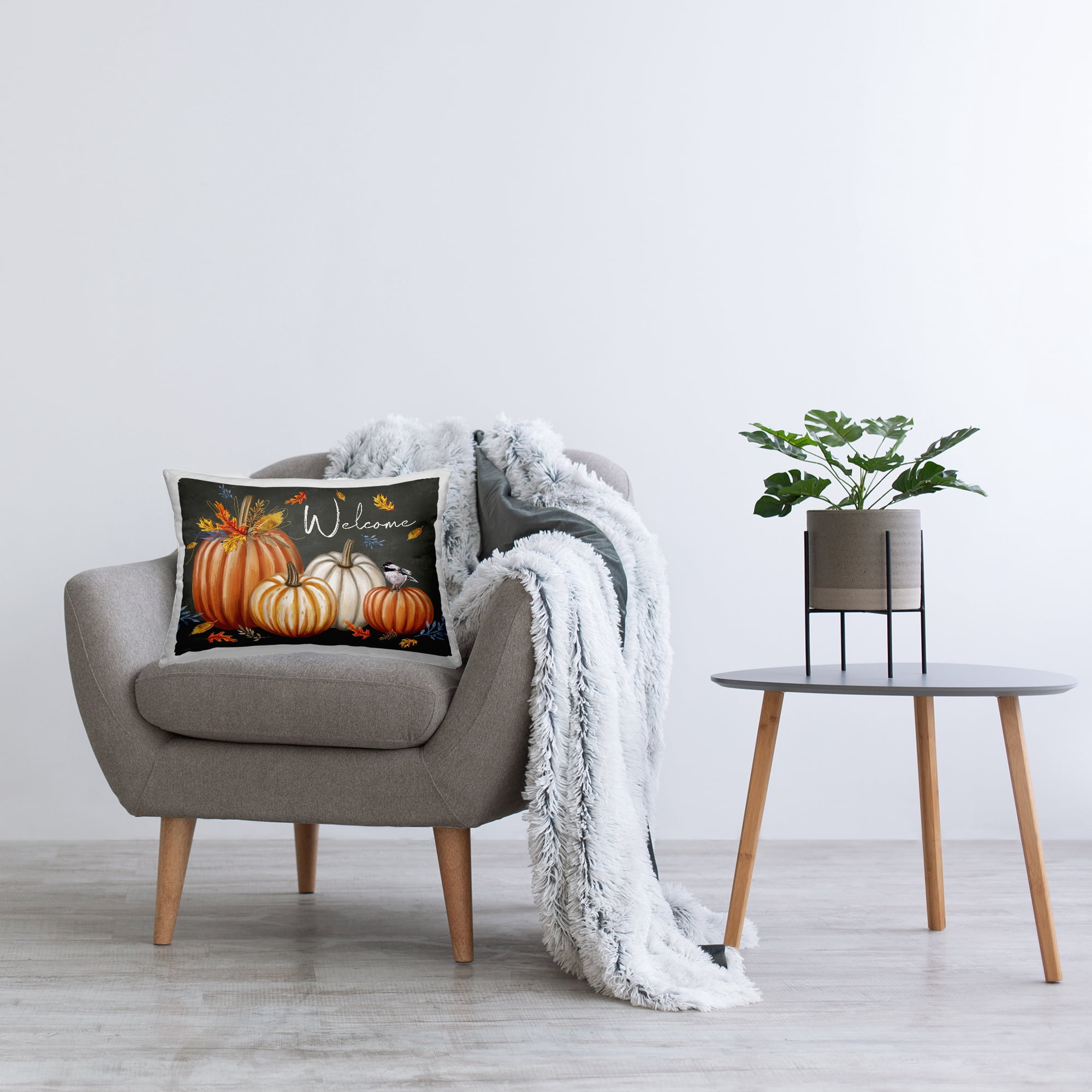 Stupell Industries Welcome with Autumnal Pumpkins Decorative Printed Throw Pillow Design by Elizabeth Tyndall.