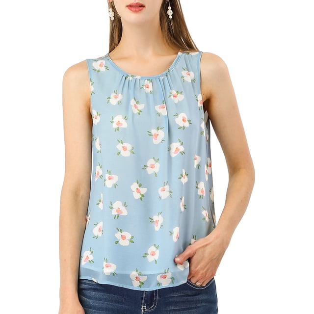 Blusa De Gasa Con Estampado Floral Sin Mangas Para Mujer, Blusas Informales Forradas Azul XS