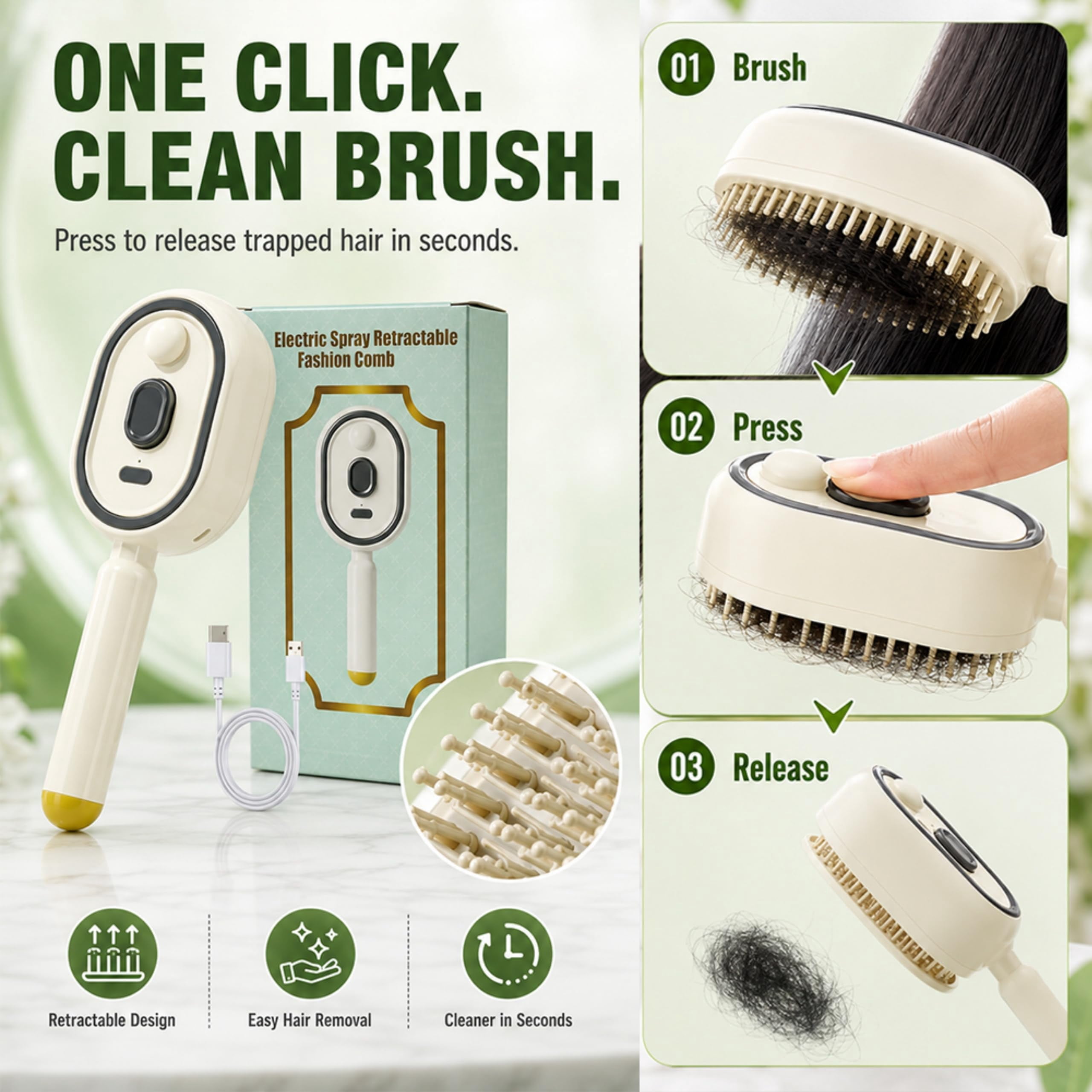 Electric Spray Air Cushion Massage Comb, 5 in 1 Electric Steam Brush for Hair with Retractable Cleaning Airbag, Detangling & Anti-Static, USB-C Rechargeable for Straight & Curly Women