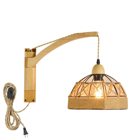 KAYYELAMP Hollow Rattan, Metal, Wood Retro Wall Sconce 9.8Feet Plug in Hemp Dimmer Cord Adjustable Degree Creative Design for Loft Living Room Bedroom Farmhouse