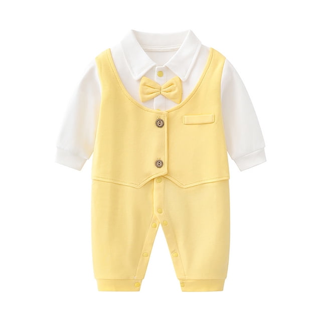 PMVFHDE Garçon Gentleman Smoking Barboteuse Combinaison avec Nœud Papillon pour Occasions Formelles Robe à Manches Longues Ensemble Doux Confortable Fermeture à Boutons-Pression Col Bouton Design Classique Jaune,0-3 Mois