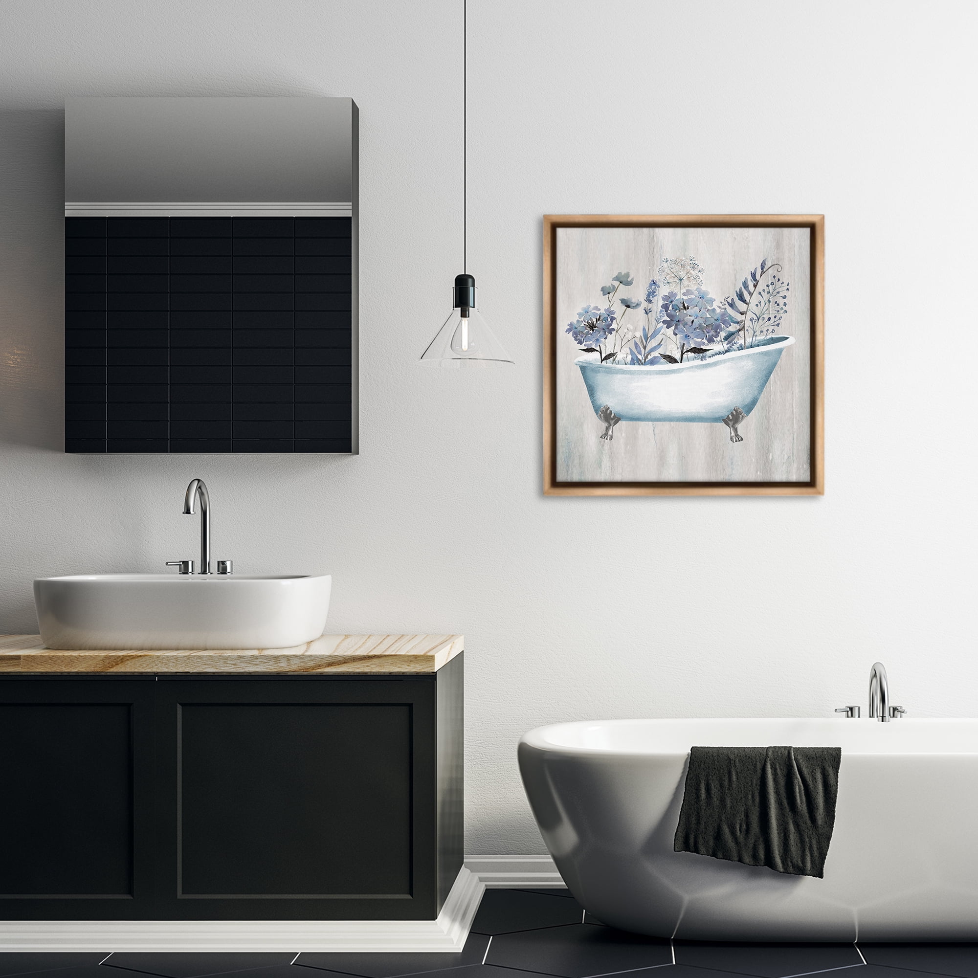 Stupell Industries Vintage Tub & Blue Florals Bath & Laundry Painting Brown Floater Framed Canvas Art Print Wall Art, 25 x 25
