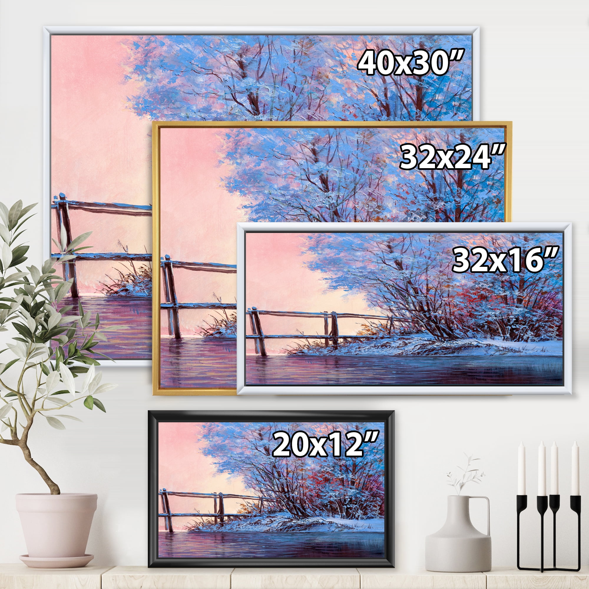 Bridge Of Meandering River With Winter Scenery I 20 in x 12 in Framed Painting Canvas Art Print, by Designart
